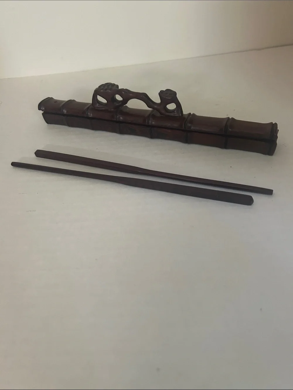 Carved Wooden Decorative Case with Chopsticks Vintage